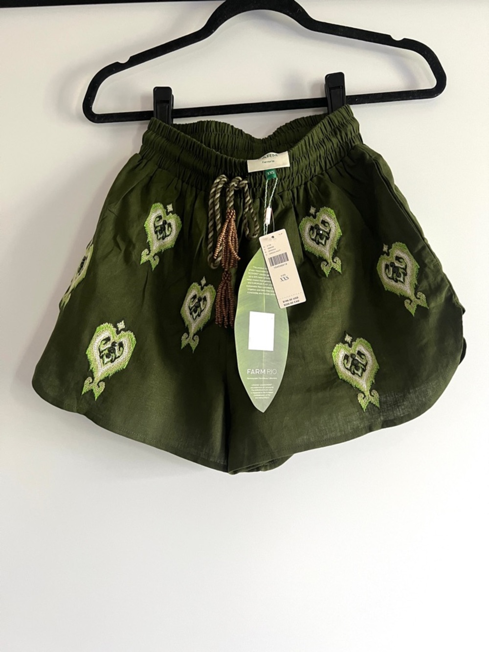 FARM Rio Embroidered Green Heart Tapestry Linen-Blend Shorts Size XXS NWT - Picture 10 of 15